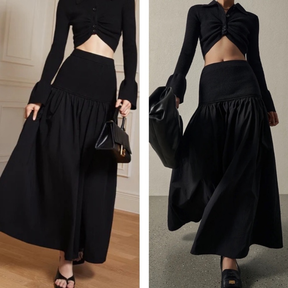 A.L.C. Marlowe Mixed Media Midi Skirt Black Poplin Cotton Stretch Drop Waist XS